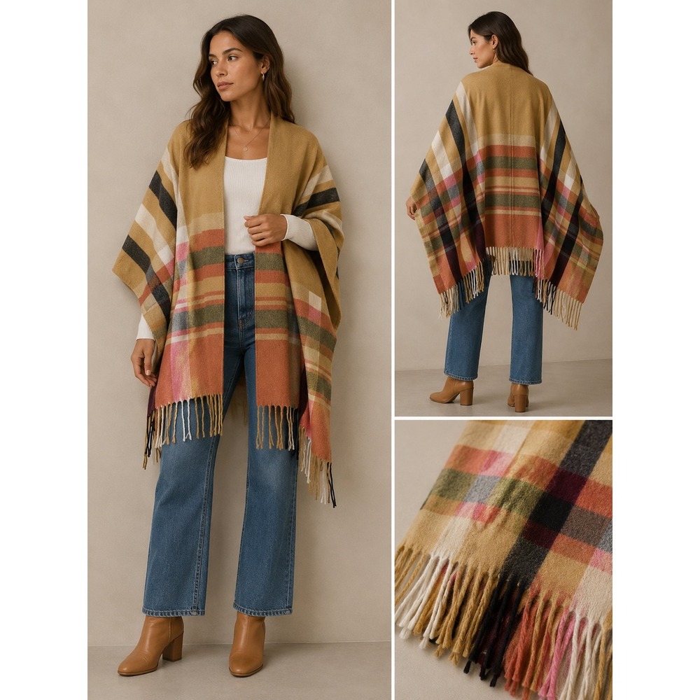 Woolrich Womens Plaid Fringe Poncho Wrap Tan Orange Pink One Size P110